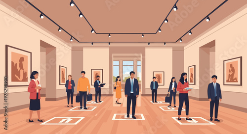 People Standing in Art Gallery with Distancing.
