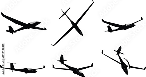 Black silhouettes of six different gliders flying airplanes white background