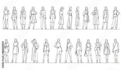 Fashionable Women Line Drawings with Diverse Outfits and Poses Isolated on White Background