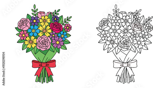 Flower bouquet coloring page vector illustration with colorful example and black and white outline for kids activity or design element isolated on white background