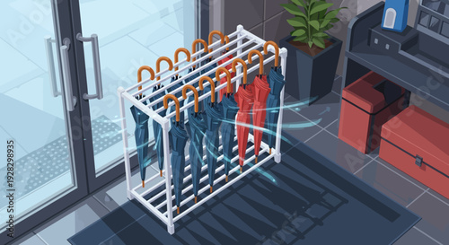 Umbrella Stand with Colorful Umbrellas Inside.