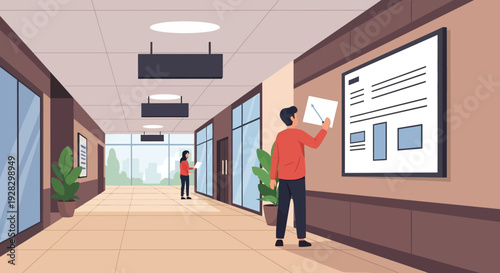 Man Hanging Poster in Modern Office Corridor.