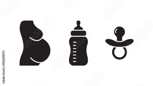 Pregnant Woman, Baby Bottle And Pacifier Vector Icons For Childbirth And Parenting Concept Isolated On White Background