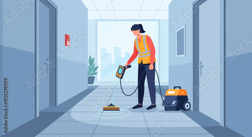 Man Cleaning Floor with Vacuum Cleaner.