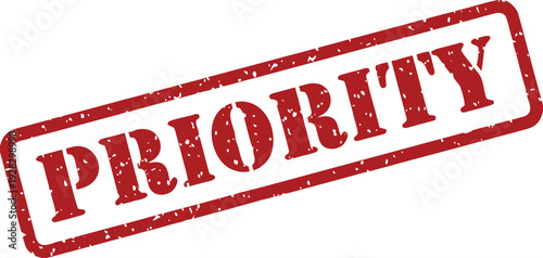 A striking red rectangular rubber stamp featuring the word PRIORITY on a clean white backdrop