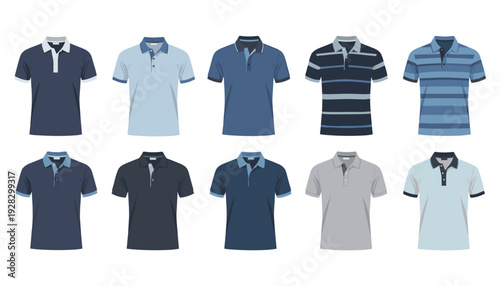 Men's Polo Shirts Collection: Assorted Styles and Colors Casual Wear Apparel Isolated on white background