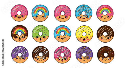Cute Kawaii Donut Sticker Set Bundle, Cartoon Doughnut Collection with Rainbow Toppings and Funny Faces, Sweet Dessert Vector Illustration Grid Isolated on White Background