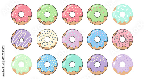 Colorful Donut Vector Set, Assorted Sweet Glazed Doughnuts Illustration with Sprinkles and Frosting