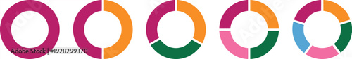 Progression of donut charts illustrating increasing data segments in purple orange green pink and blue
