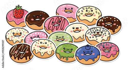 Kawaii Donut Sticker Set, Cute Cartoon Doughnut Characters with Sweet Toppings and Funny Faces, Vector Illustration Isolated on White Background