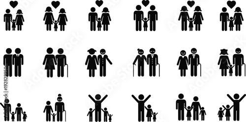 Family structure icons, diverse relationships, black silhouettes, love symbols, inclusive design, parenting, generations, vector illustration, social connection