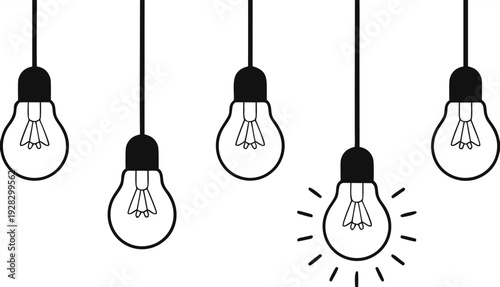 Five hanging light bulbs with distinct black outlines are arranged on a white backdrop, one glowing
