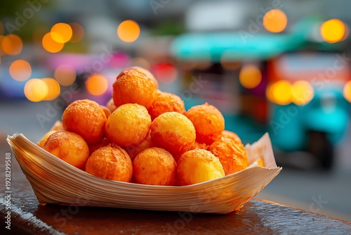 Fresh orange kwek kwek street food in woven basket on wet market table with colorful blurred background