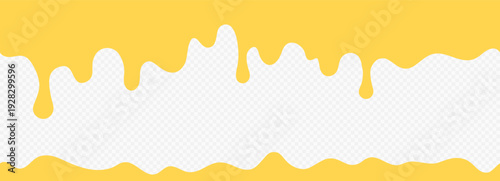 Horizontal yellow dripping frame with melting liquid effect. Top and bottom border for honey, oil, or cheese. Vector melting drops borders.