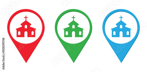Church Location Map Pin Icons in Red, Green and Blue – Religious Building Marker Symbols Isolated on White Background