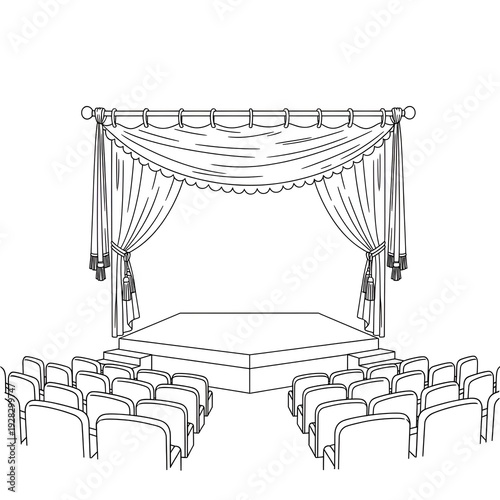 Stage with curtains and chairs for event or performance with empty audience seats