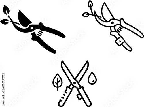 Gardening Pruning Shears Vector Icons Set: Essential Tools for Horticulture, Plant Care & Home Garden Maintenance - Perfect for Web, Print & UI Design