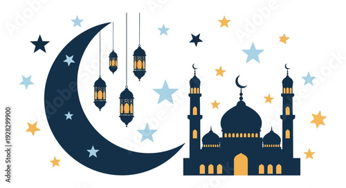 A crescent moon stars and a mosque illustration represent islamic culture featuring a dark silhouette high quality professional