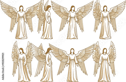 Vintage angel figures illustration, sepia tone, spiritual art, classical wings, religious iconography, serene symmetry, divine guardians, ethereal design