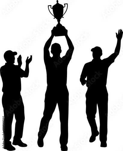 Three Celebrating Athletes Holding Trophy Together Silhouette Style