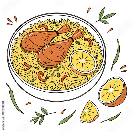 hot and spicy chicken biryani with roasted pieces and lemon illustration on isolated white background