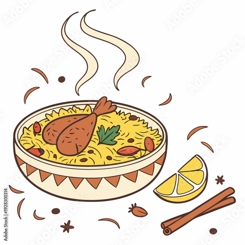 hot and spicy chicken biryani with roasted pieces and lemon illustration on isolated white background