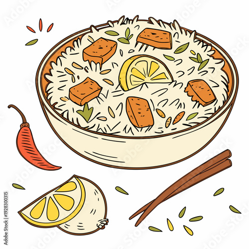 hot and spicy chicken biryani with roasted pieces and lemon illustration on isolated white background