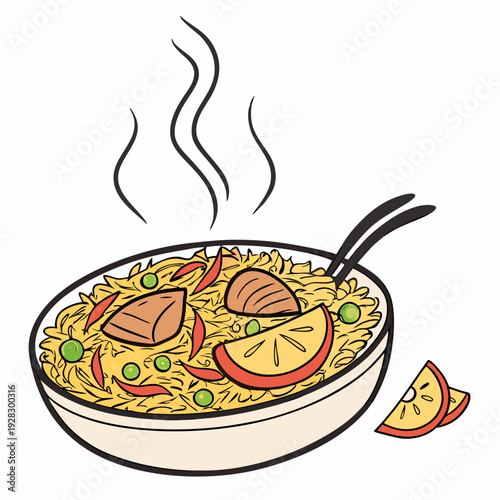 hot and spicy chicken biryani with roasted pieces and lemon illustration on isolated white background