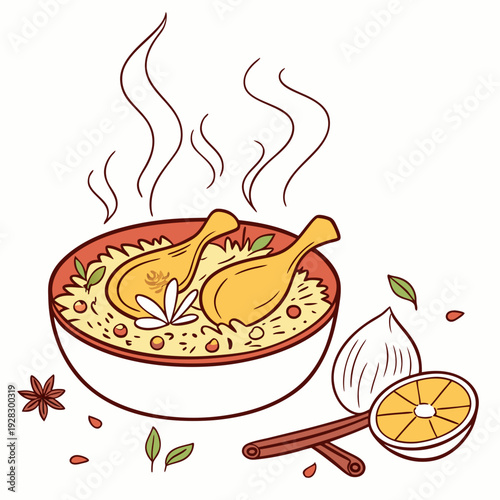 hot and spicy chicken biryani with roasted pieces and lemon illustration on isolated white background
