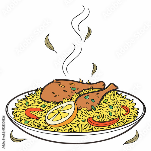 hot and spicy chicken biryani with roasted pieces and lemon illustration on isolated white background