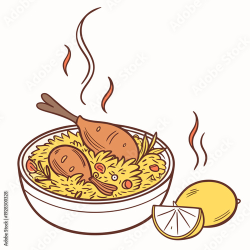 hot and spicy chicken biryani with roasted pieces and lemon illustration on isolated white background