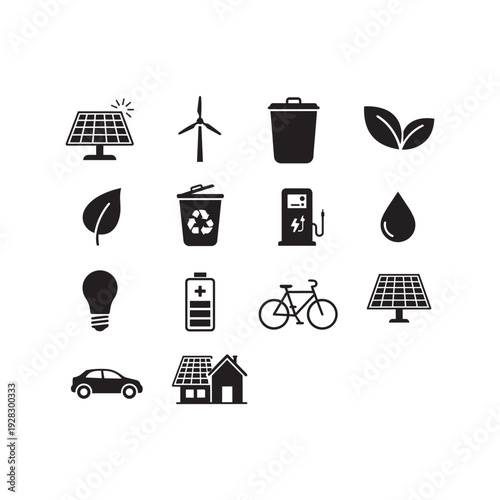 Green Energy and Eco Friendly Ecology Icon Set in Flat Black Style