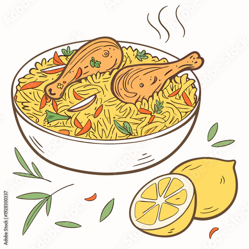 hot and spicy chicken biryani with roasted pieces and lemon illustration on isolated white background