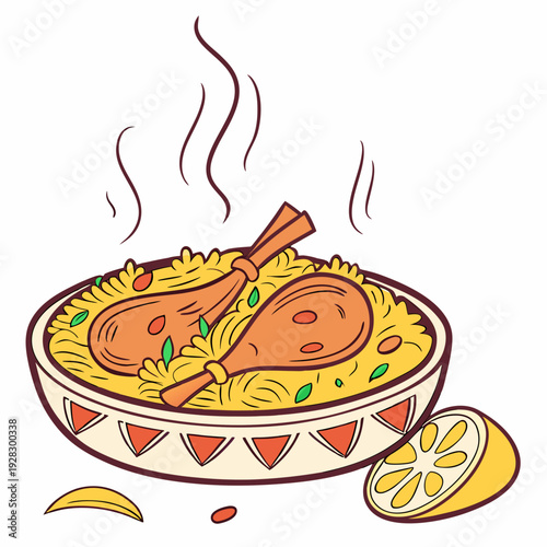 hot and spicy chicken biryani with roasted pieces and lemon illustration on isolated white background