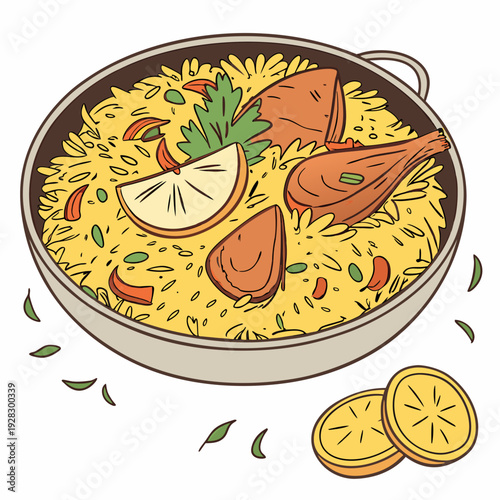 hot and spicy chicken biryani with roasted pieces and lemon illustration on isolated white background