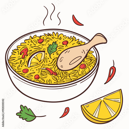 hot and spicy chicken biryani with roasted pieces and lemon illustration on isolated white background