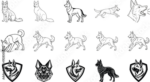 German Shepherd dog icon set, various poses and styles, flat design vector illustration
