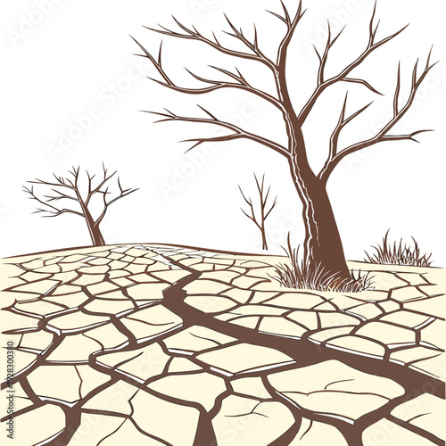 Drought landscape with cracked earth and bare trees 1
