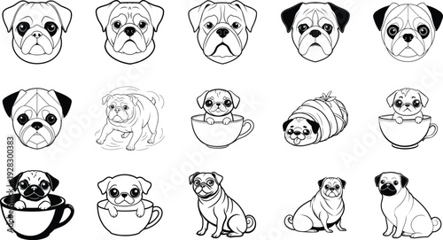 Set of 15 cute pug dog faces and poses vector illustration, flat design cartoon icons, black and white line art, scalable graphic