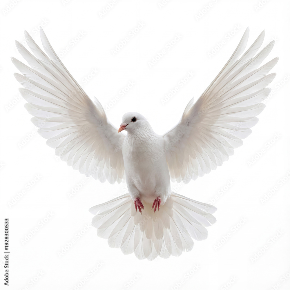 Fototapeta premium White Pigeon in Midair with Wings Spread Wide Isolated on White Background, Symbol of Peace and Freedom, High Key Studio Image