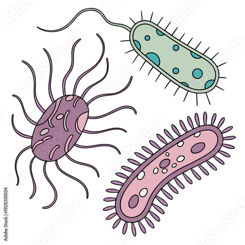 Colorful of bacteria with flagella and pili microorganisms 1
