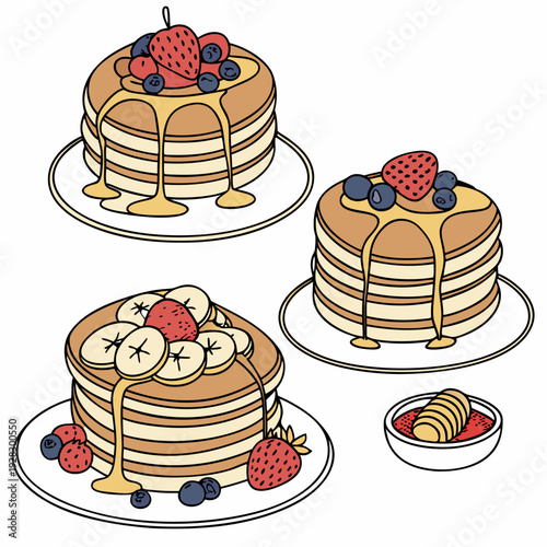 Set of four pancakes with different toppings. Pancakes on white plate. Baking with syrup or honey. Breakfast concept. Flat vector illustration isolated on white background