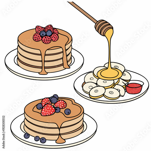 Set of four pancakes with different toppings. Pancakes on white plate. Baking with syrup or honey. Breakfast concept. Flat vector illustration isolated on white background