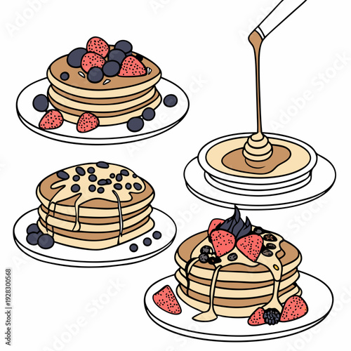 Set of four pancakes with different toppings. Pancakes on white plate. Baking with syrup or honey. Breakfast concept. Flat vector illustration isolated on white background