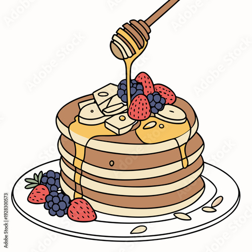 Set of four pancakes with different toppings. Pancakes on white plate. Baking with syrup or honey. Breakfast concept. Flat vector illustration isolated on white background