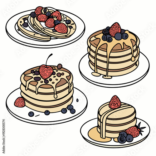 Set of four pancakes with different toppings. Pancakes on white plate. Baking with syrup or honey. Breakfast concept. Flat vector illustration isolated on white background