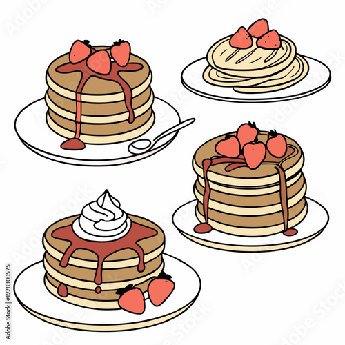 Set of four pancakes with different toppings. Pancakes on white plate. Baking with syrup or honey. Breakfast concept. Flat vector illustration isolated on white background