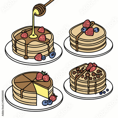 Set of four pancakes with different toppings. Pancakes on white plate. Baking with syrup or honey. Breakfast concept. Flat vector illustration isolated on white background