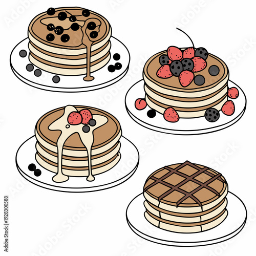 Set of four pancakes with different toppings. Pancakes on white plate. Baking with syrup or honey. Breakfast concept. Flat vector illustration isolated on white background