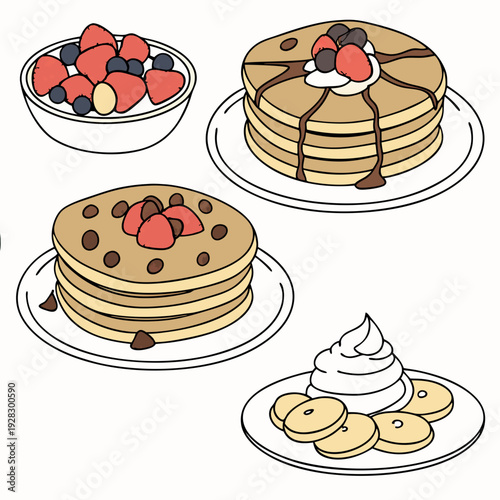 Set of four pancakes with different toppings. Pancakes on white plate. Baking with syrup or honey. Breakfast concept. Flat vector illustration isolated on white background